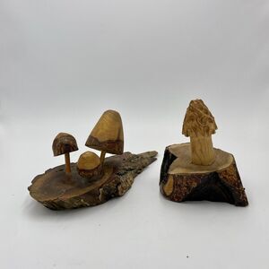 Vintage Hand Carved Wood Mushroom Scenes Forest Decor Lot of 2